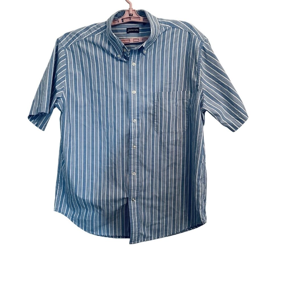 St Johns Bay Mens 100% Cotton Shirt LG Oxford Blue/White Stripes Short Sleeve.